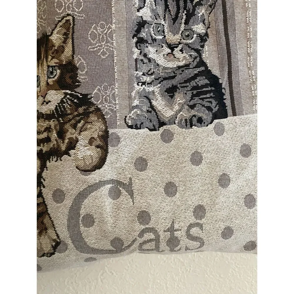 Vintage Tapestry Cat Tote Bag Large Black Gray Cotton Canvas Handmade NOS 16x16